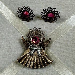 Angel Pin & Post Earrings with Pink Rhinestones Set in Gold-Tone Filigree